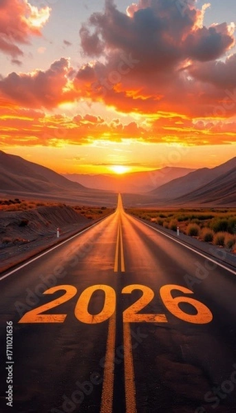 Fototapeta A scenic highway leads toward a stunning sunset, marked with "2026," symbolizing hope and new beginnings.