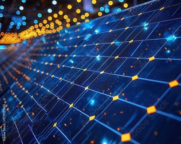 Fototapeta Close-up view of solar panels illuminated with glowing lights.  Abstract and technological