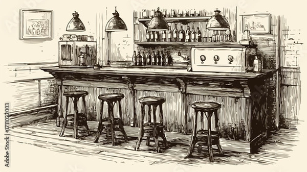 Fototapeta Classic Engraving of Bar Counter Scene with Stools