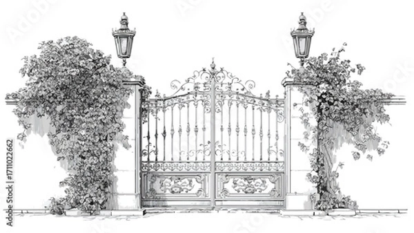 Fototapeta Elegant Vintage Wrought Iron Gate with Lanterns and Ivy