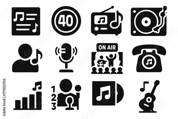 Fototapeta Radio Music Icons. Solid style icons of music on the radio: song playlist icon, top 40 badge, genre station icon, DJ turntable,