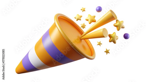 Fototapeta Yellow Party Popper Emoji icon with confetti. illustration of 3d rendering