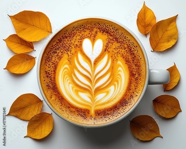 Fototapeta A cup of latte art, surrounded by autumn leaves