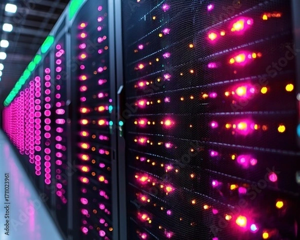 Fototapeta Rows of glowing server racks in a data center (1)