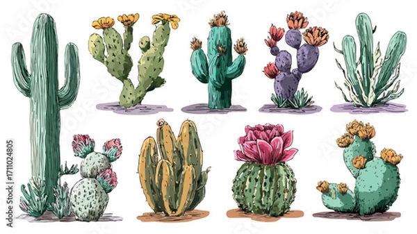 Fototapeta Wild Desert Cactus Icons in Doodle Style for Design Projects