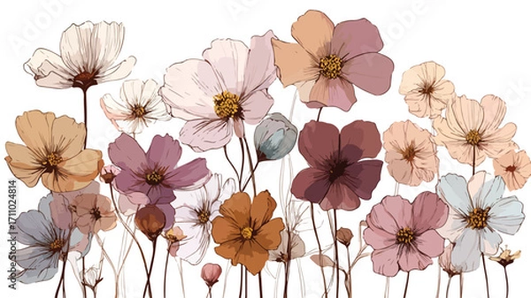 Fototapeta Vibrant Wild Meadow Flowers Vector Illustration with Outlines for Design Projects