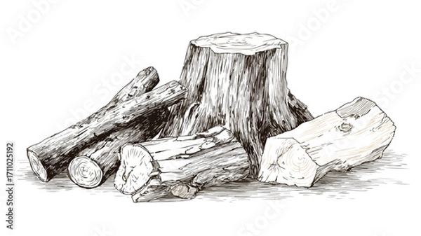 Fototapeta Rustic Wooden Logs and Twigs on White Background for Creative Design Projects