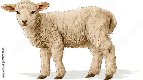 Fototapeta Vector Illustration of Young Sheep Lamb with Outline for Professional Designs
