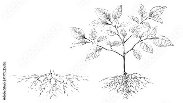 Fototapeta Young Tree Sapling Outline Vector for Botanical Growth Designs