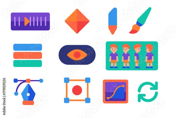 Obraz 2D Animation Tool Icons. Flat vector icons of 2D animation tools: timeline panel, keyframe diamond, playhead marker, drawing brush