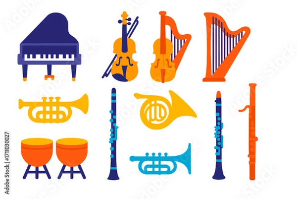 Obraz Opera Instrument Icons. Flat vector icons of opera instruments: grand piano, violin, cello, harp, trumpet, oboe, French horn,