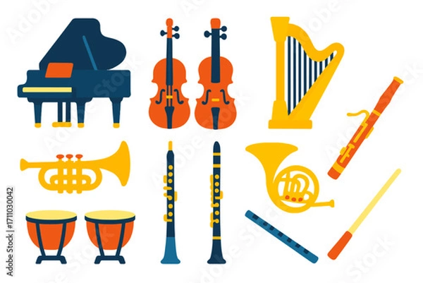 Obraz Opera Instrument Icons. Flat vector icons of opera instruments: grand piano, violin, cello, harp, trumpet, oboe, French horn,