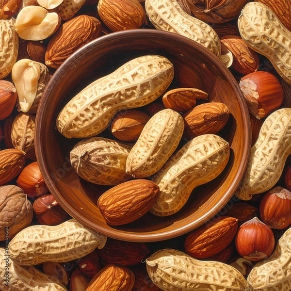 Fototapeta A variety of nuts, including peanuts, almonds, and hazelnuts, are arranged in a brown bowl, showcasing a rich array of textures and warm tones.