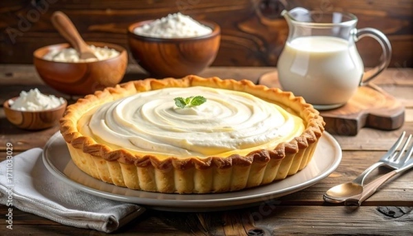 Fototapeta A large, creamy custard tart with a swirled topping sits on a plate, surrounded by ingredients like milk and powdered ingredients.