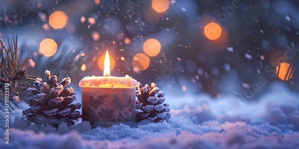 Obraz Gentle candle flame glows warmly amidst snowy pinecones and festive bokeh lights