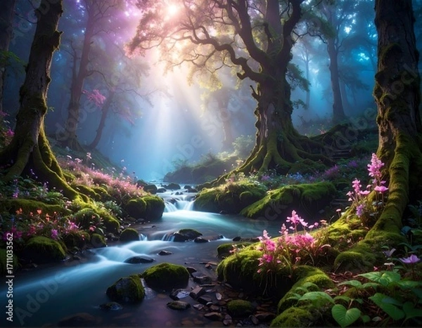 Fototapeta A luminous stream winds through a mystical forest, bathed in vibrant light and adorned with colorful wildflowers.