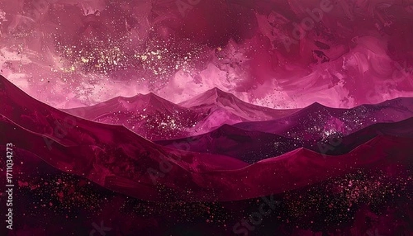 Fototapeta A breathtaking landscape of majestic mountains, bathed in a vibrant, deep pink and purple hue, dotted with shimmering golden specks, evoking a sense of celestial wonder.