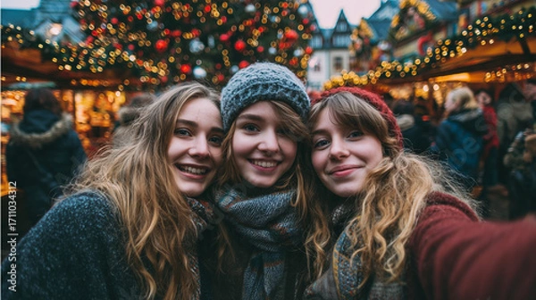 Fototapeta Friends Taking a Selfie in Front of a Decorated Christmas Tree at the Market