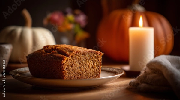 Fototapeta Close-Up of a Lit Candle Next to a Slice of Pumpkin Bread