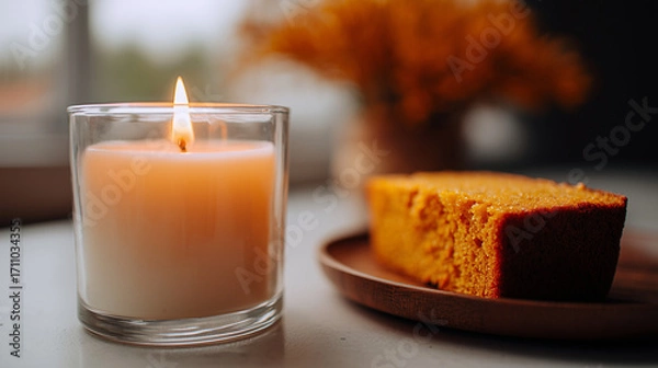 Fototapeta Close-Up of a Lit Candle Next to a Slice of Pumpkin Bread