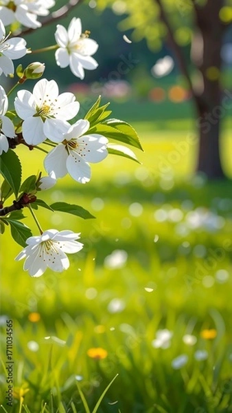 Fototapeta A springtime scene showcases delicate white blossoms in full bloom against a background of vibrant green grass, bathed in the soft glow of sunlight.