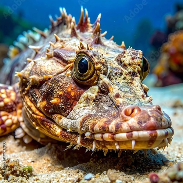 Fototapeta Close-up underwater shot of a unique fish, showcasing its intricate skin patterns and large eyes.