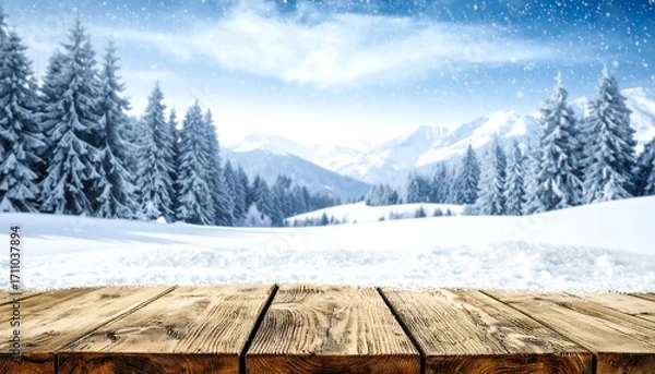 Fototapeta A winter wonderland scene, featuring a snow-covered landscape with frosted trees, viewed from a wooden table top.