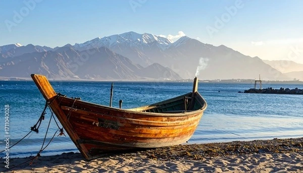 Fototapeta A weathered wooden fishing boat rests on a sandy beach, facing the serene blue water, with distant snow-capped mountains rising above the horizon.