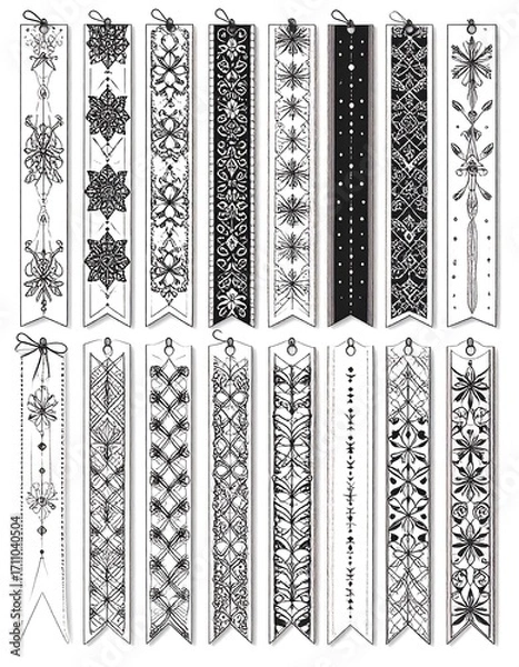 Fototapeta Set of decorative bookmarks featuring intricate black and white patterns.