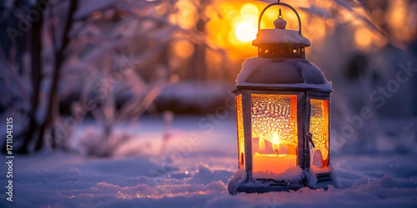 Obraz Glowing lantern casts warm light on snowy winter landscape at sunset