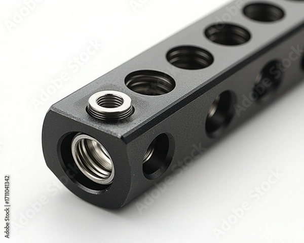 Fototapeta Close-up of a black metal rod with threaded holes