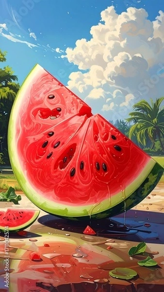Fototapeta A vibrant depiction of a large watermelon slice, bathed in sunlight, with water droplets glistening on a textured surface, evoking a summer day.