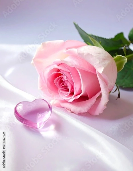 Fototapeta A delicate pink rose rests on a soft, smooth surface, accompanied by a translucent heart-shaped crystal, evoking a sense of romance and beauty.