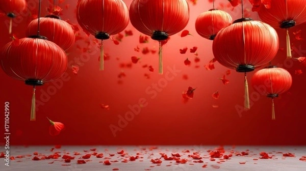 Fototapeta A red background with many red lanterns hanging from the ceiling. The lanterns are scattered throughout the scene, with some hanging closer to the foreground and others further back