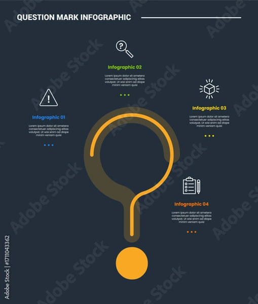 Fototapeta Question mark infographic process diagram with big center with shadow transparent with dark background bright outline style 4 points