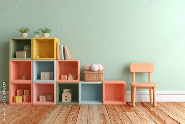 Fototapeta A cheerful children's room, featuring a colorful shelving unit, a wooden chair, and a soft mint-green wall.