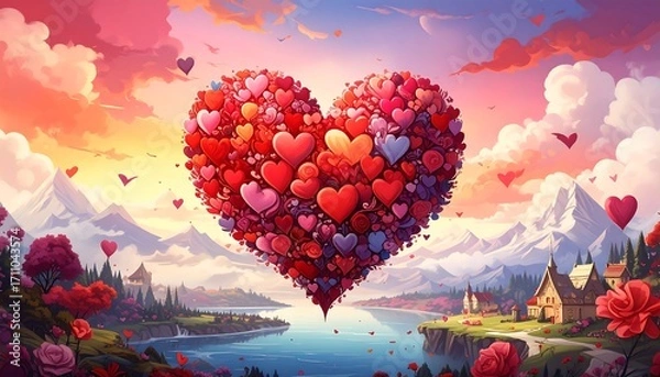 Fototapeta A vibrant heart-shaped cluster of small hearts floats above a picturesque landscape, painted with warm colors and whimsical details.