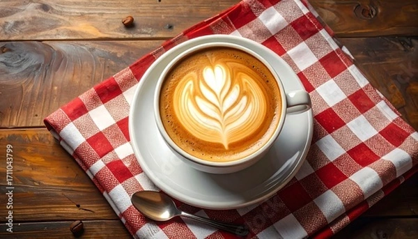 Fototapeta A delightful latte art design graces a white ceramic cup on a red and white checkered tablecloth, placed atop a rustic wooden table.