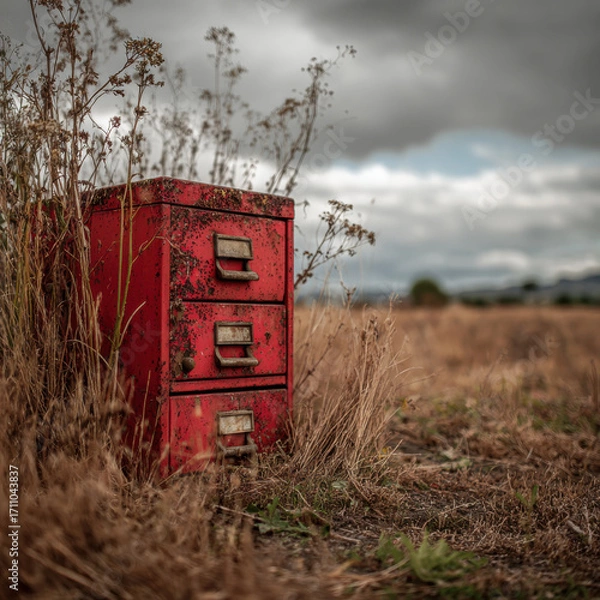 Fototapeta An old, weathered metal filing cabinet with rust sits alone in the middle of a grassy field under a cloudy sky.
