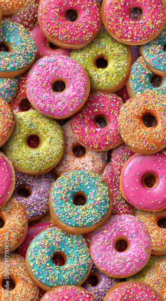 Fototapeta Colorful arrangement of donuts topped with pink icing and rainbow sprinkles, creating a fun and sweet seamless food background.
