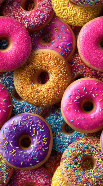Fototapeta Colorful arrangement of donuts topped with pink icing and rainbow sprinkles, creating a fun and sweet seamless food background.
