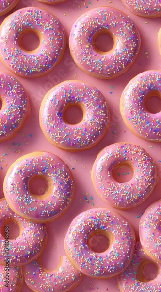 Fototapeta Colorful arrangement of donuts topped with pink icing and rainbow sprinkles, creating a fun and sweet seamless food background.
