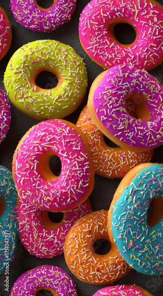 Fototapeta Colorful arrangement of donuts topped with pink icing and rainbow sprinkles, creating a fun and sweet seamless food background.
