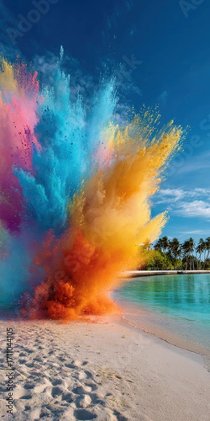 Fototapeta Vibrant clouds of colorful smoke rising along a tropical beach with turquoise water and palm trees under a bright blue sky.
