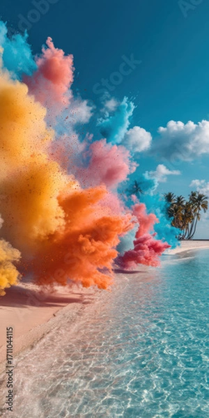 Fototapeta Vibrant clouds of colorful smoke rising along a tropical beach with turquoise water and palm trees under a bright blue sky.
