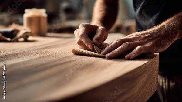 Fototapeta Close-up of skilled craftsman’s hands carefully sanding a wooden table surface, highlighting woodworking craftsmanship and attention to detail.
