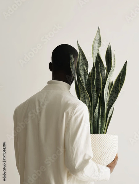 Fototapeta Person dressed in white shirt holding a potted snake plant against a simple light background, emphasizing minimalism and modern lifestyle.
