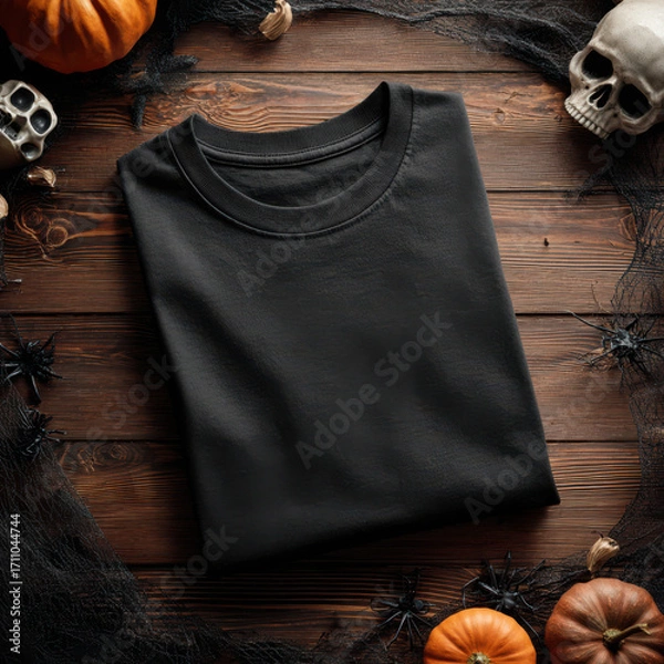 Fototapeta Minimal black t-shirt neatly folded on wooden surface, surrounded by small pumpkins, cobwebs, and skulls for Halloween-themed styling.
