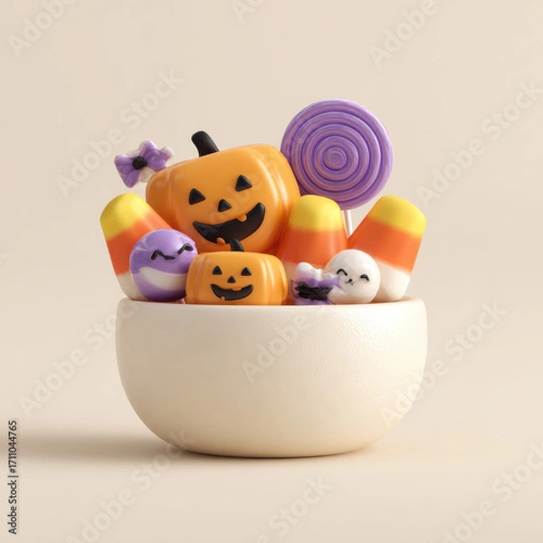 Fototapeta Adorable collection of Halloween-themed candies with smiling faces in a bowl, featuring pumpkins, cats, and sweets on soft background.
