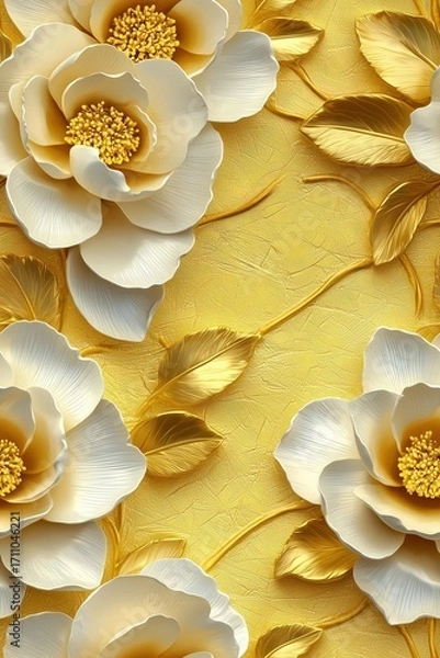Fototapeta A luxurious, seamless floral pattern with 3D-rendered white and cream flowers and golden leaves on a textured, gold background, perfect for wallpaper or fabric.
